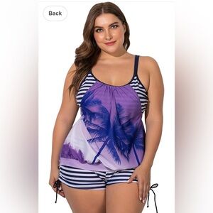 Purple Palm and Striped Women Swim Set